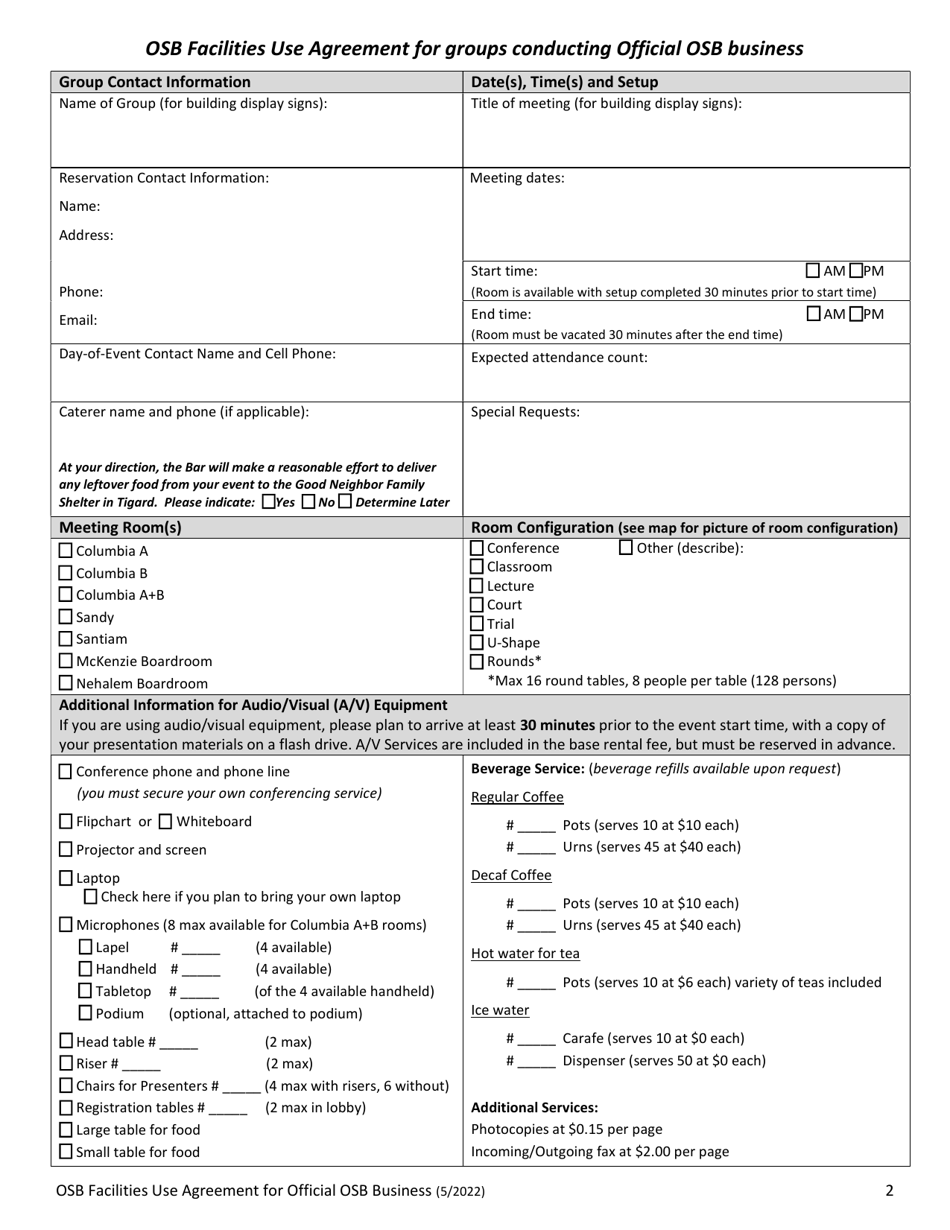 Osb Facilities Use Agreement for Groups Conducting Official Osb Business - Oregon, Page 2