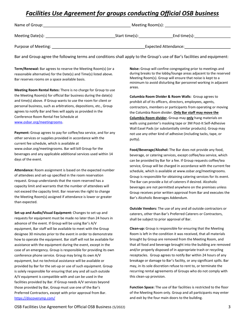 Osb Facilities Use Agreement for Groups Conducting Official Osb Business - Oregon, Page 3