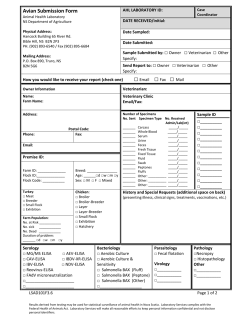 Form LSAD101F3.6 Avian Submission Form - Nova Scotia, Canada