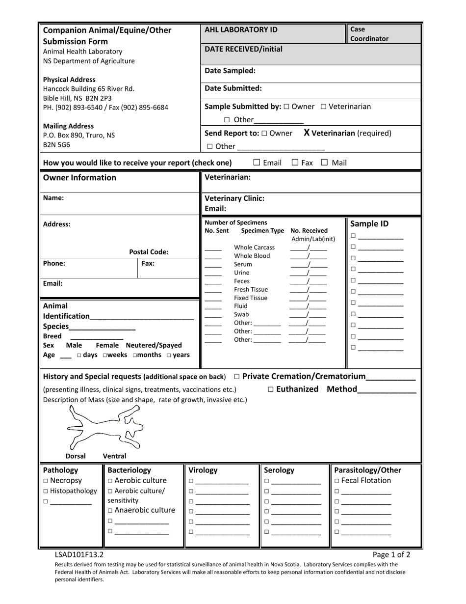 Form LSAD101F13.2 Companion Animal / Equine / Other Submission Form - Nova Scotia, Canada, Page 1