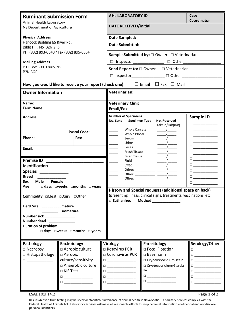 Form LSAD101F14.2 Ruminant Submission Form - Nova Scotia, Canada, Page 1