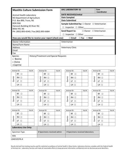 Form LSAD101F6.4 Mastitis Culture Submission Form - Nova Scotia, Canada
