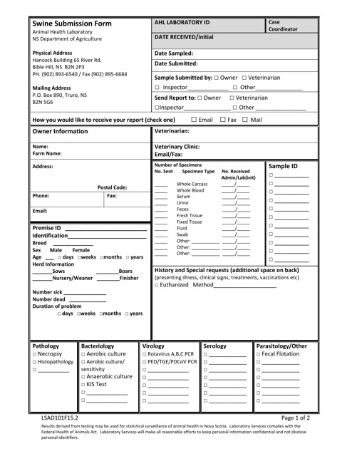 Form LSAD101F15.2 Swine Submission Form - Nova Scotia, Canada