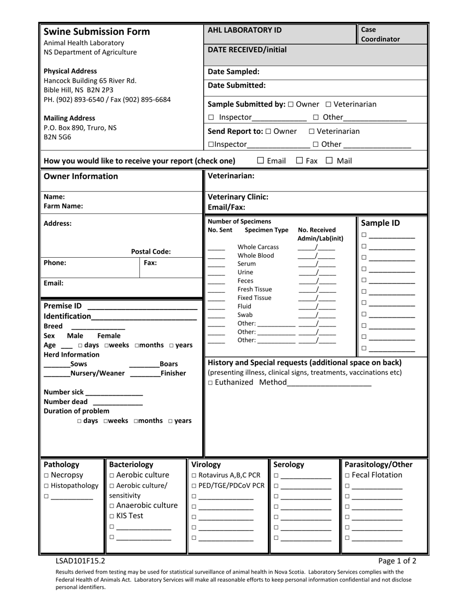 Form LSAD101F15.2 Swine Submission Form - Nova Scotia, Canada, Page 1