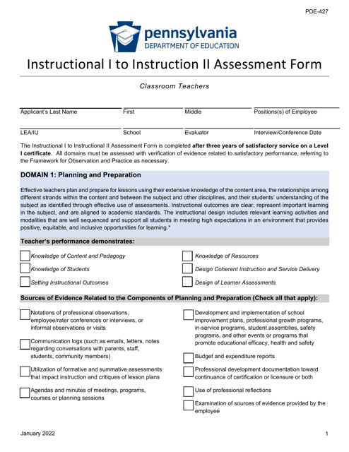 Form PDE-427 Instructional I to Instruction II Assessment Form - Pennsylvania