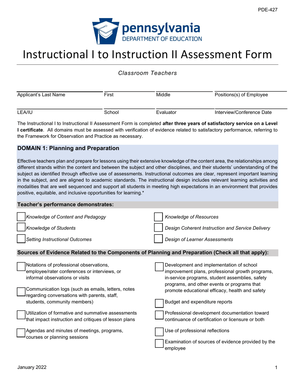 Form PDE-427 Instructional I to Instruction II Assessment Form - Pennsylvania, Page 1