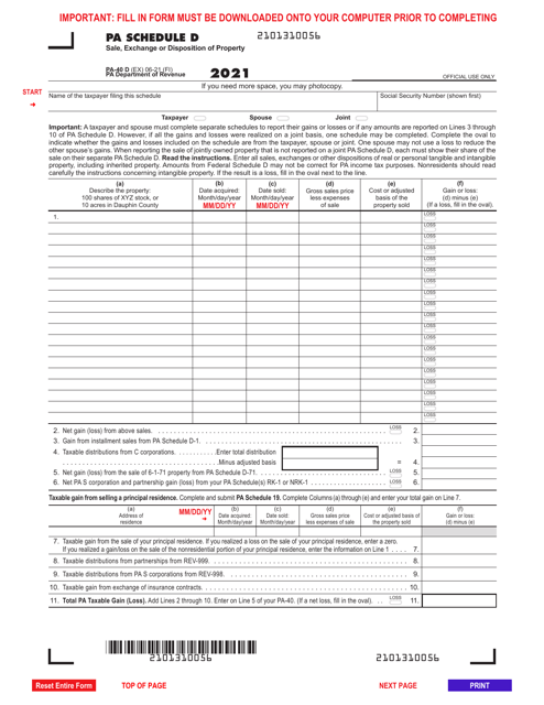 Form PA-40 Schedule D 2021 Printable Pdf