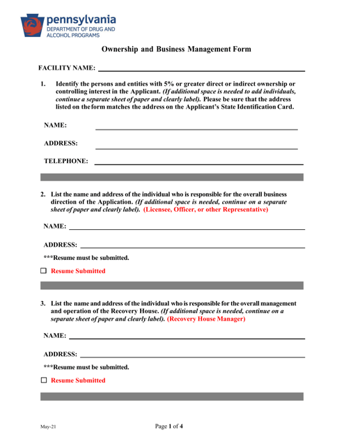 Ownership and Business Management Form - Pennsylvania Download Pdf