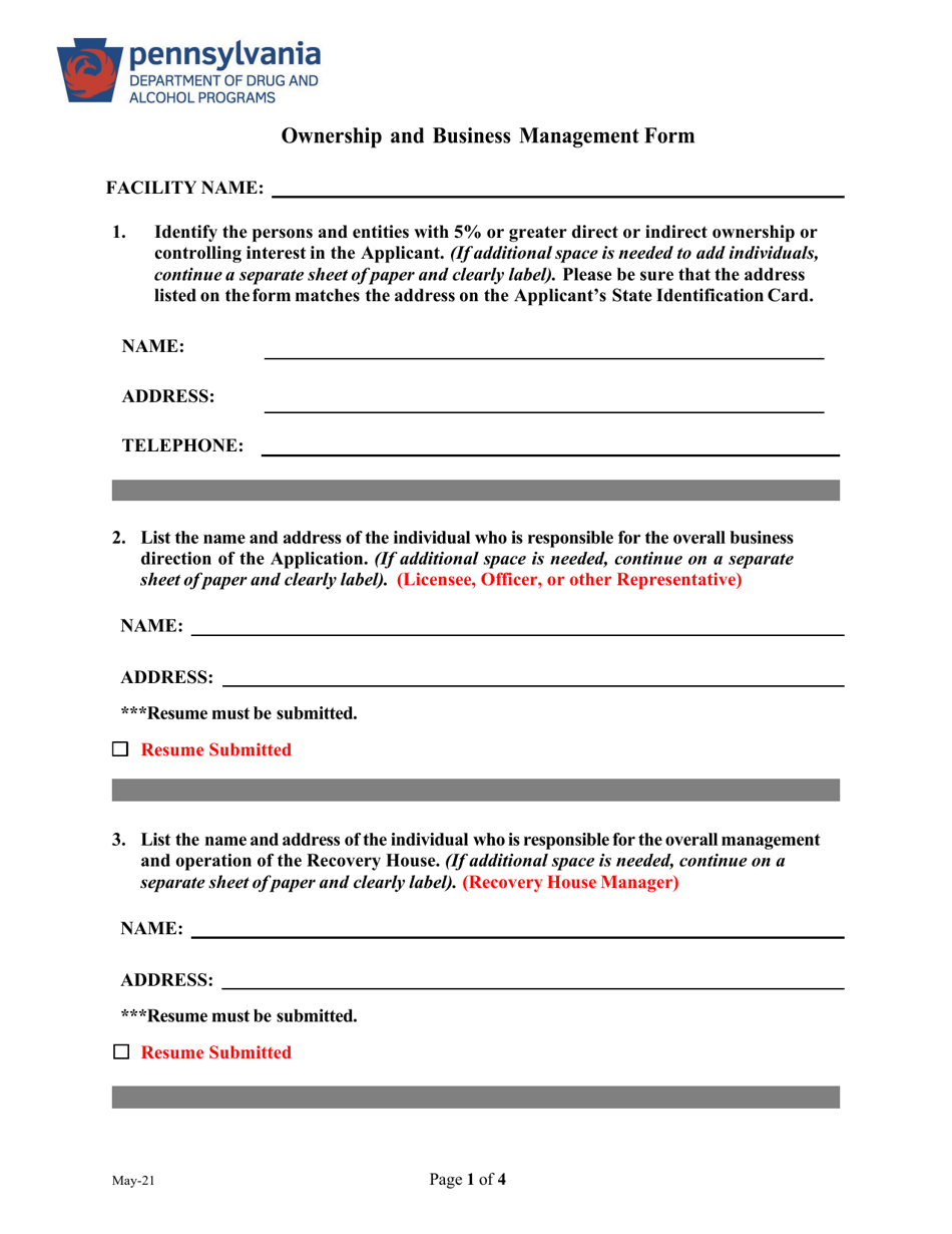 Pennsylvania Ownership and Business Management Form Download Fillable ...