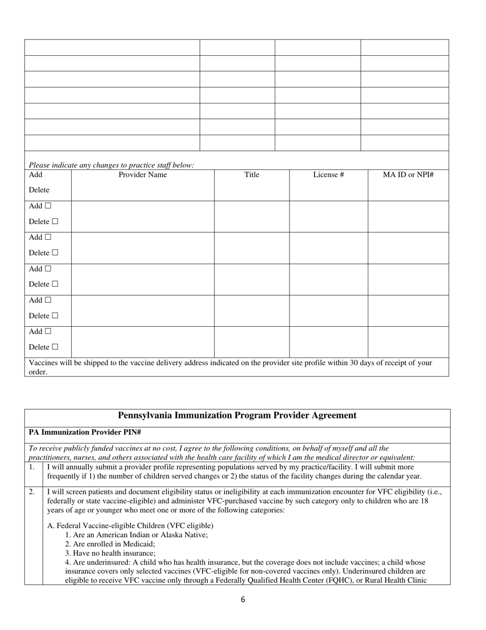 Pennsylvania Immunization Program Provider Agreement - Pennsylvania, Page 6