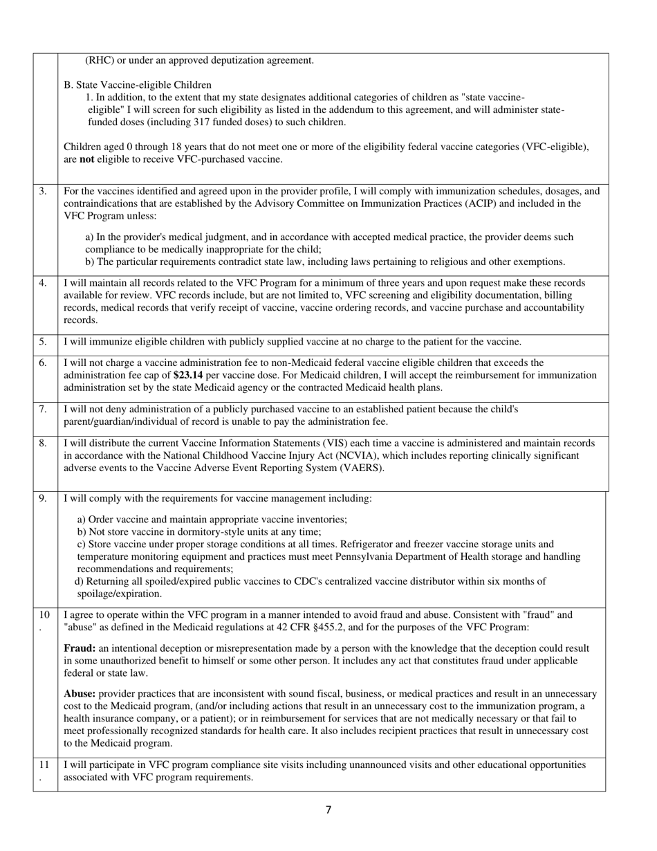 Pennsylvania Immunization Program Provider Agreement - Pennsylvania, Page 7