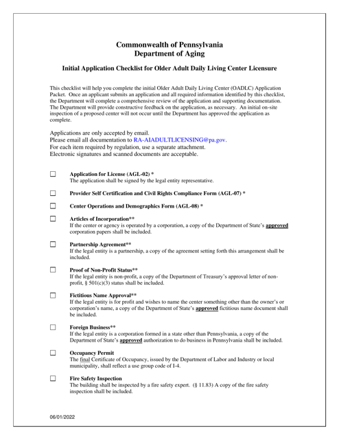Initial Application Checklist for Older Adult Daily Living Center Licensure - Pennsylvania Download Pdf
