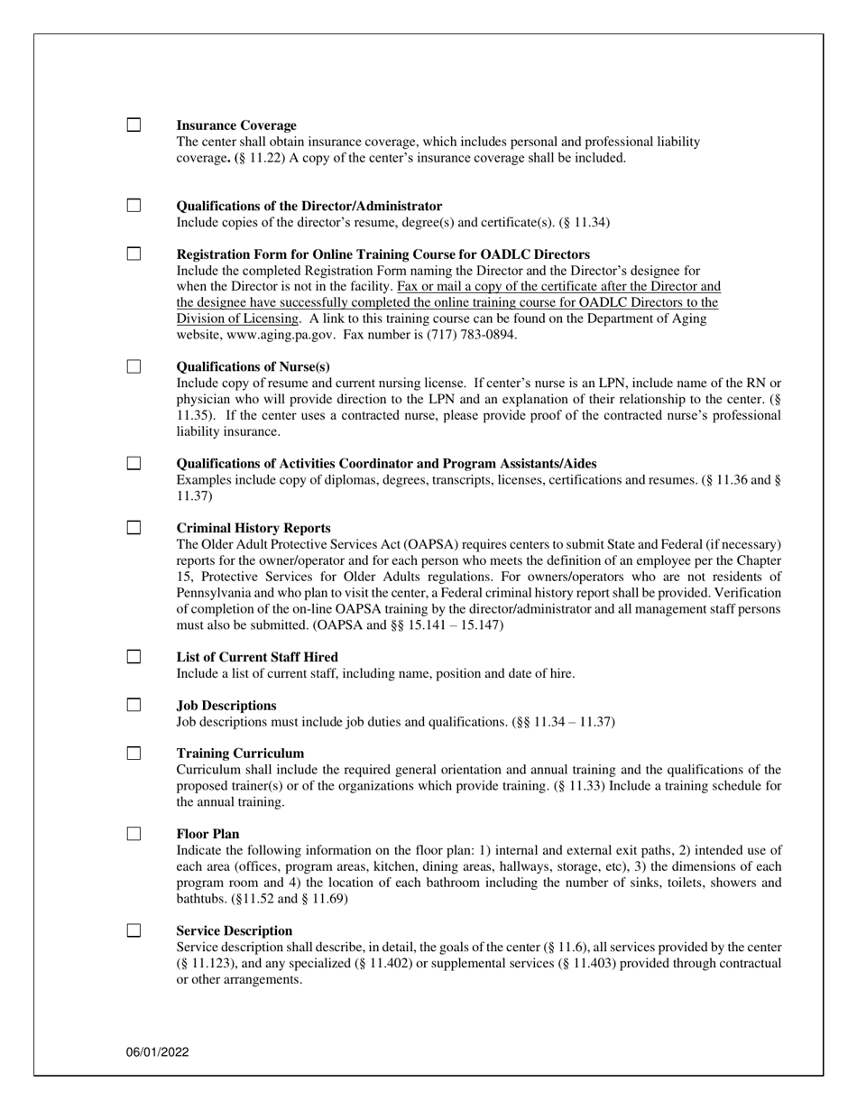 Initial Application Checklist for Older Adult Daily Living Center Licensure - Pennsylvania, Page 2