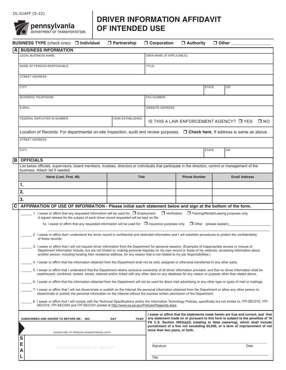Form DL-01AFF Driver Information Affidavit of Intended Use - Pennsylvania, Page 1