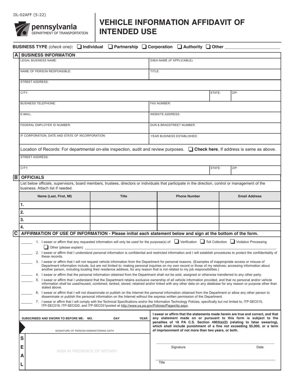 Form DL-02AFF Vehicle Information Affidavit of Intended Use - Pennsylvania, Page 1