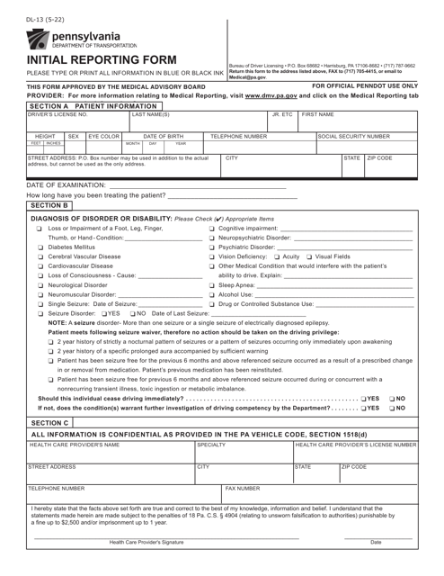 Form DL-13 Initial Reporting Form - Pennsylvania