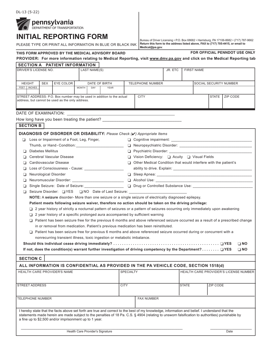 Form DL-13 Initial Reporting Form - Pennsylvania, Page 1