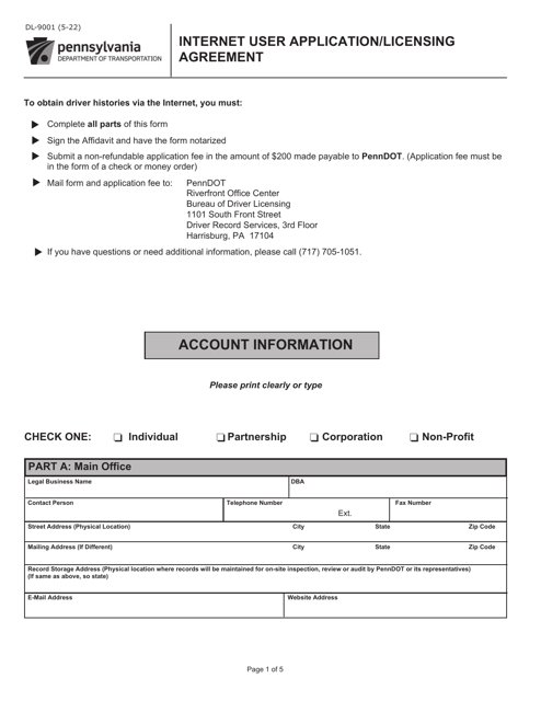 Form DL-9001 Internet User Application/Licensing Agreement - Pennsylvania