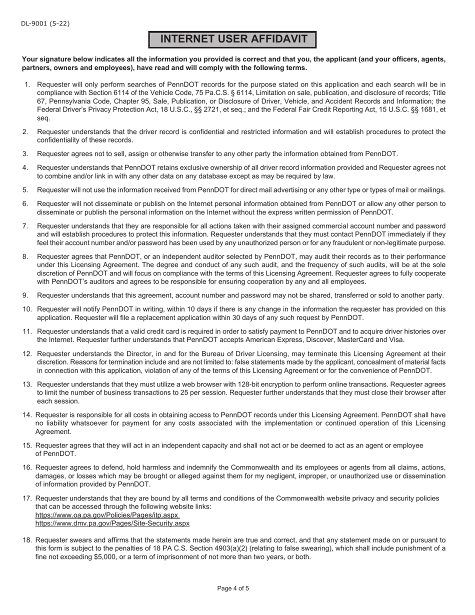 Form DL-9001 Internet User Application / Licensing Agreement - Pennsylvania, Page 4