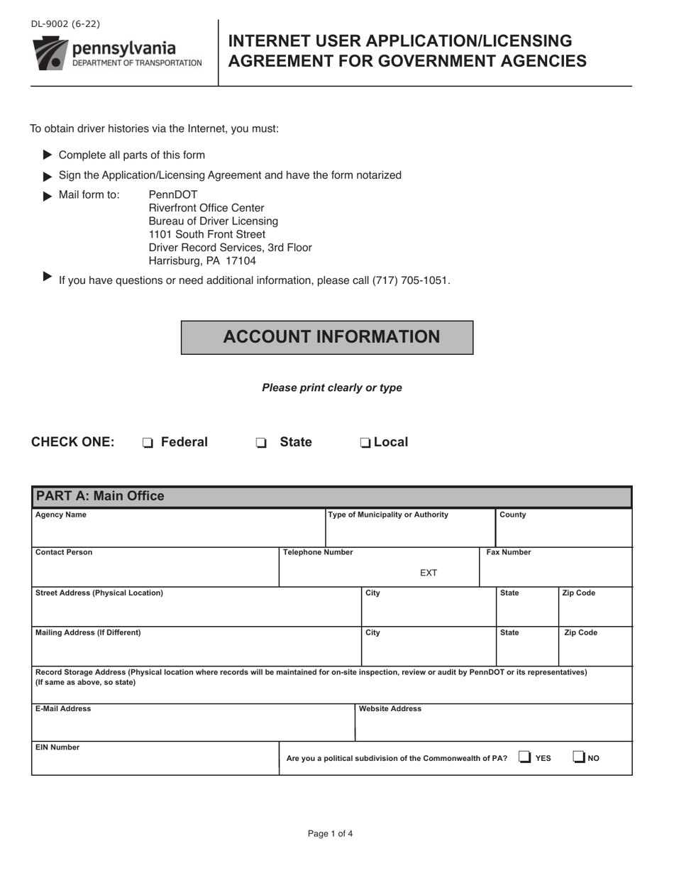 Form DL-9002 Internet User Application / Licensing Agreement for Government Agencies - Pennsylvania, Page 1