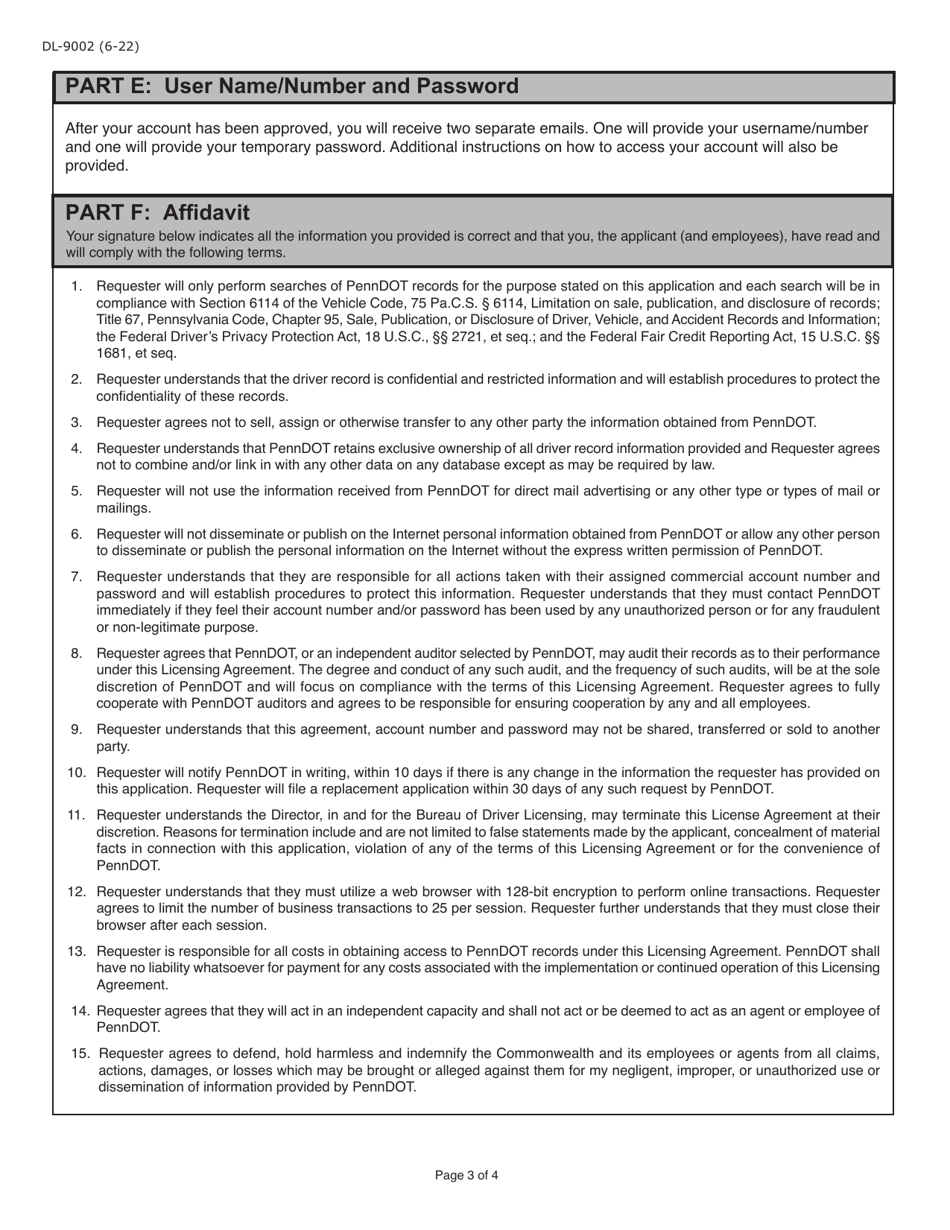 Form DL-9002 Internet User Application / Licensing Agreement for Government Agencies - Pennsylvania, Page 3