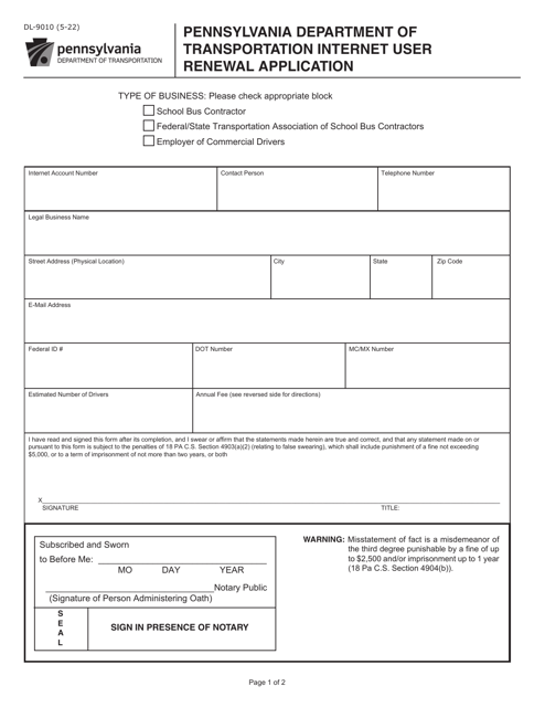 Form DL-9010 Internet User Renewal Application - Pennsylvania