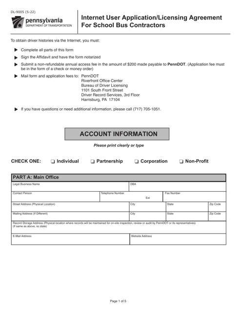 Form DL-9005 Internet User Application/Licensing Agreement for School Bus Contractors - Pennsylvania