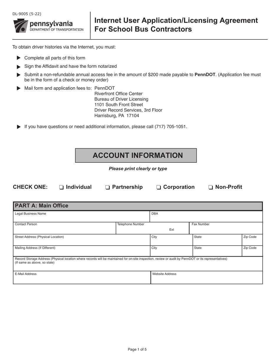 Form DL-9005 Internet User Application / Licensing Agreement for School Bus Contractors - Pennsylvania, Page 1