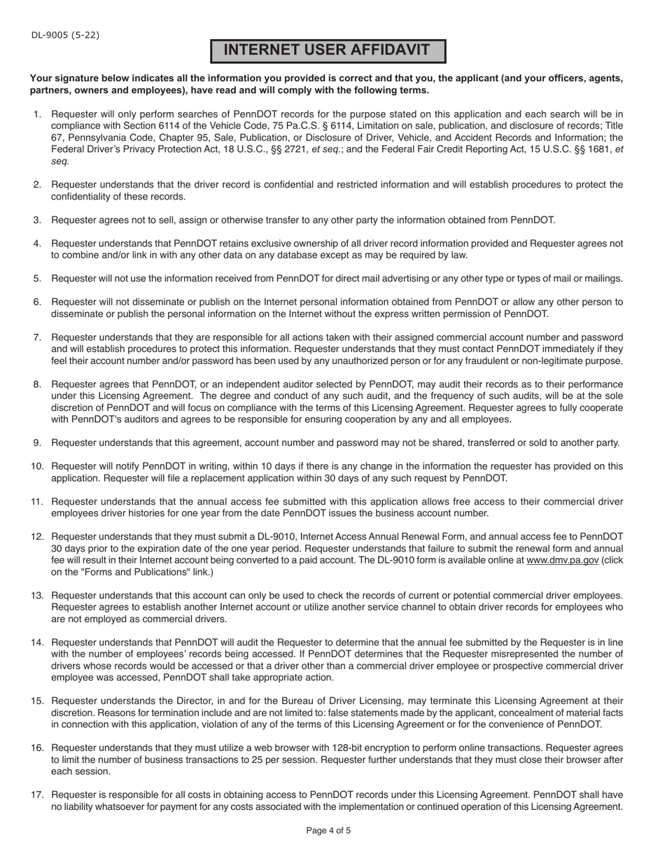 Form DL-9005 Internet User Application / Licensing Agreement for School Bus Contractors - Pennsylvania, Page 4