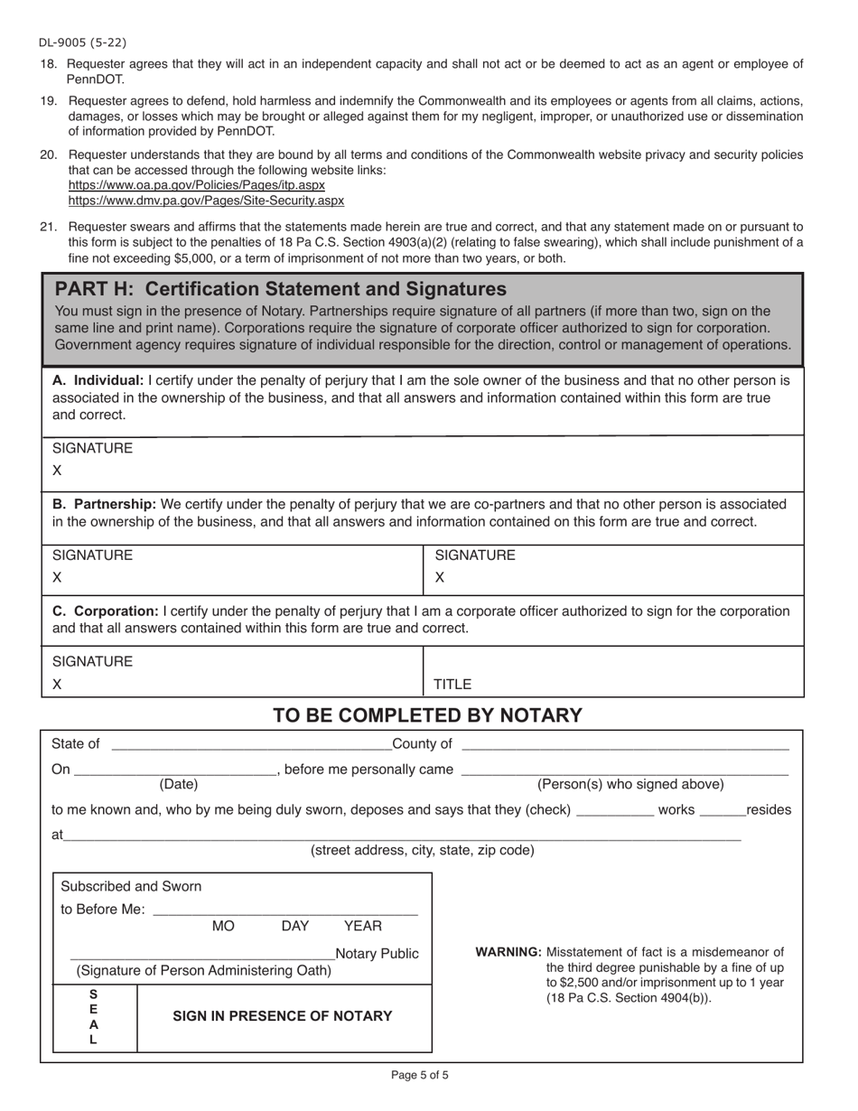 Form DL-9005 Internet User Application / Licensing Agreement for School Bus Contractors - Pennsylvania, Page 5