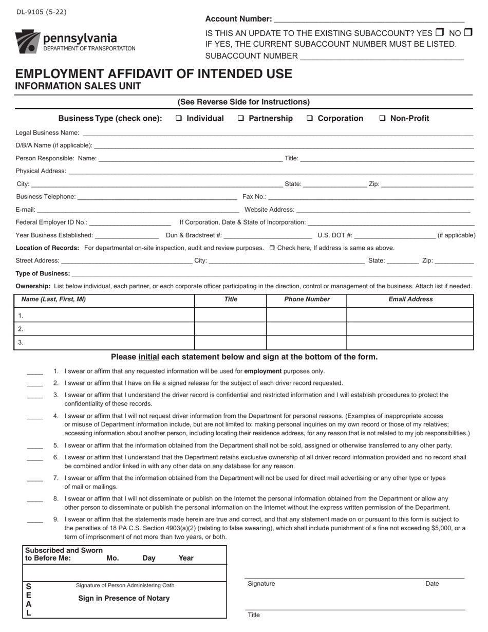 Form DL-9105 Employment Affidavit of Intended Use - Pennsylvania, Page 1