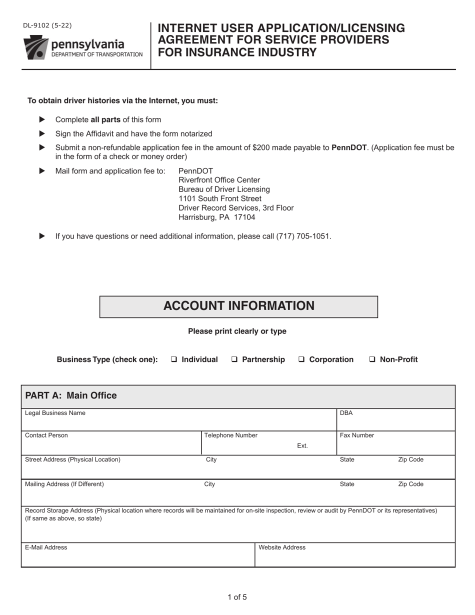 Form DL-9102 Internet User Application / Licensing Agreement for Service Providers for Insurance Industry - Pennsylvania, Page 1
