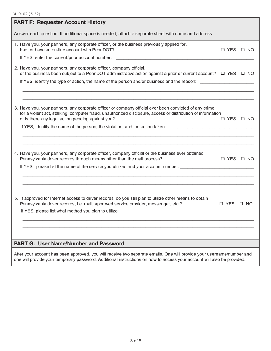 Form DL-9102 Internet User Application / Licensing Agreement for Service Providers for Insurance Industry - Pennsylvania, Page 3