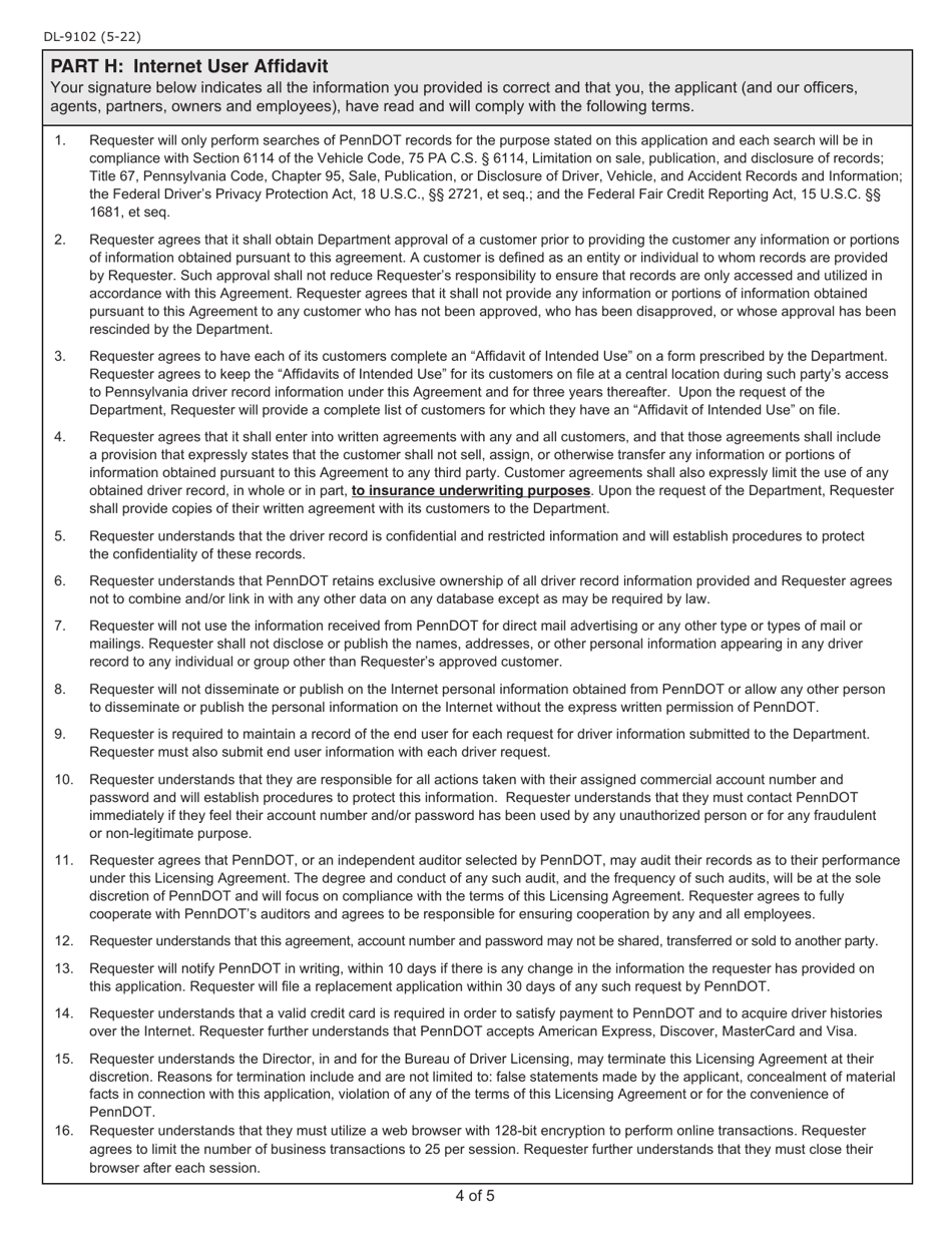 Form DL-9102 Internet User Application / Licensing Agreement for Service Providers for Insurance Industry - Pennsylvania, Page 4