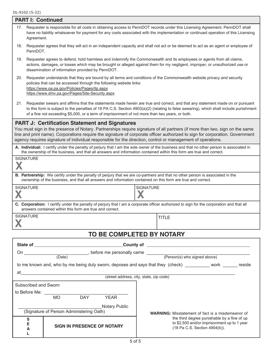 Form DL-9102 Internet User Application / Licensing Agreement for Service Providers for Insurance Industry - Pennsylvania, Page 5