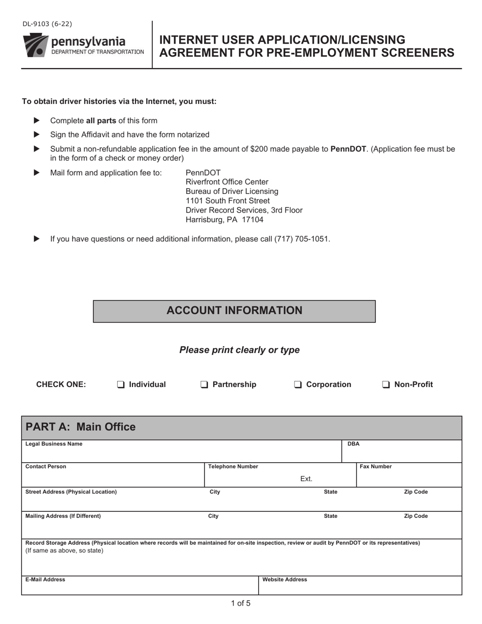 Form DL-9103 Internet User Application / Licensing Agreement for Pre-employment Screeners - Pennsylvania, Page 1