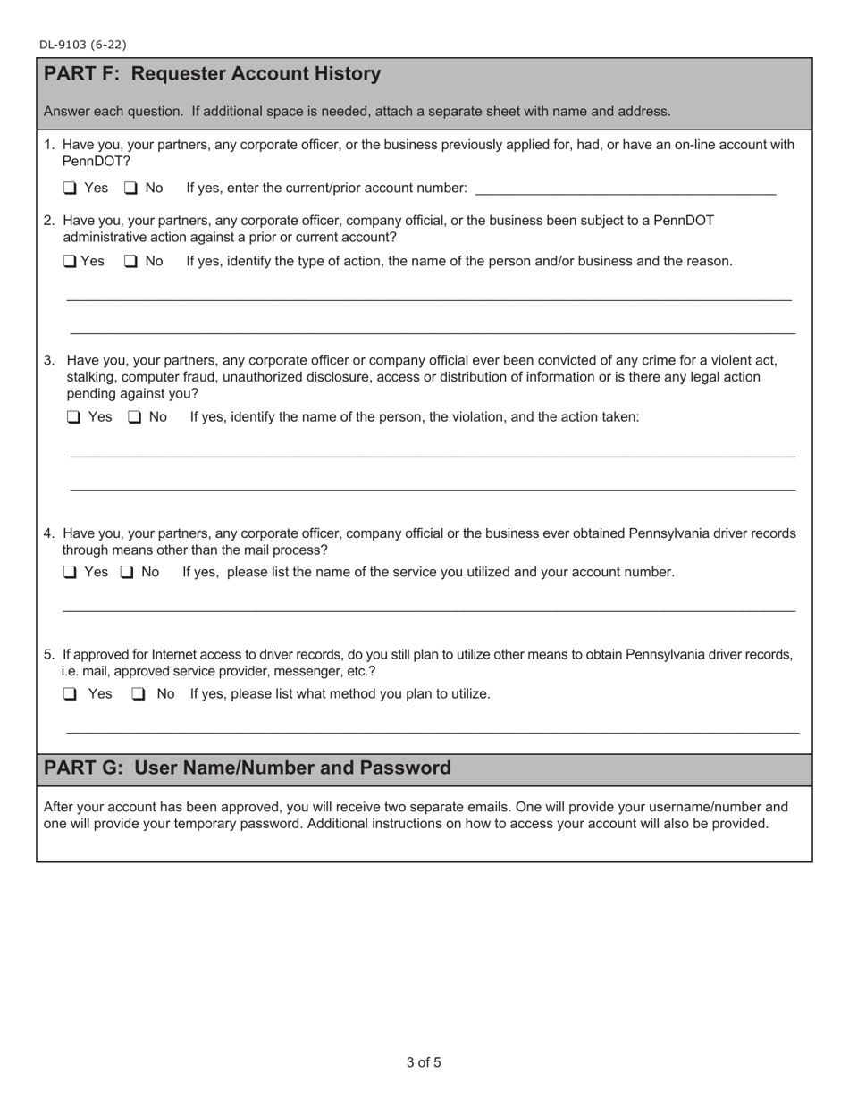 Form DL-9103 Internet User Application / Licensing Agreement for Pre-employment Screeners - Pennsylvania, Page 3