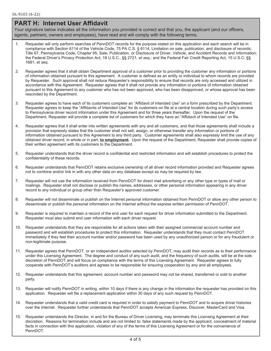 Form DL-9103 Internet User Application / Licensing Agreement for Pre-employment Screeners - Pennsylvania, Page 4