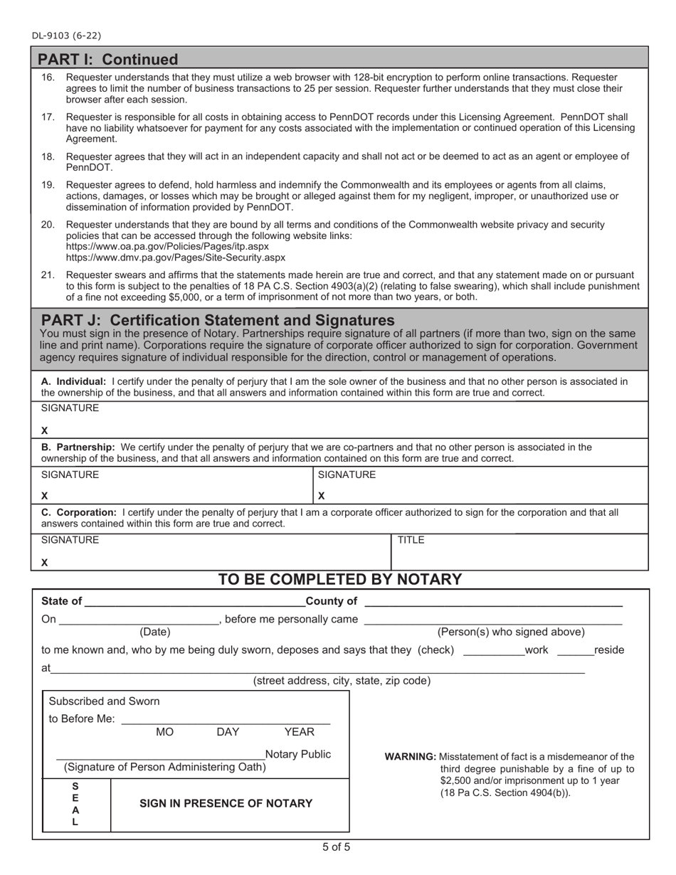 Form DL-9103 Internet User Application / Licensing Agreement for Pre-employment Screeners - Pennsylvania, Page 5