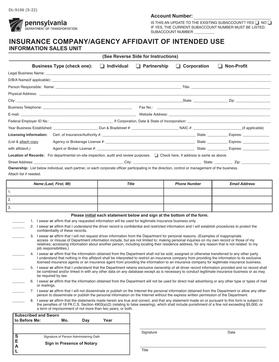 Form DL-9106 Insurance Company / Agency Affidavit of Intended Use - Pennsylvania, Page 1