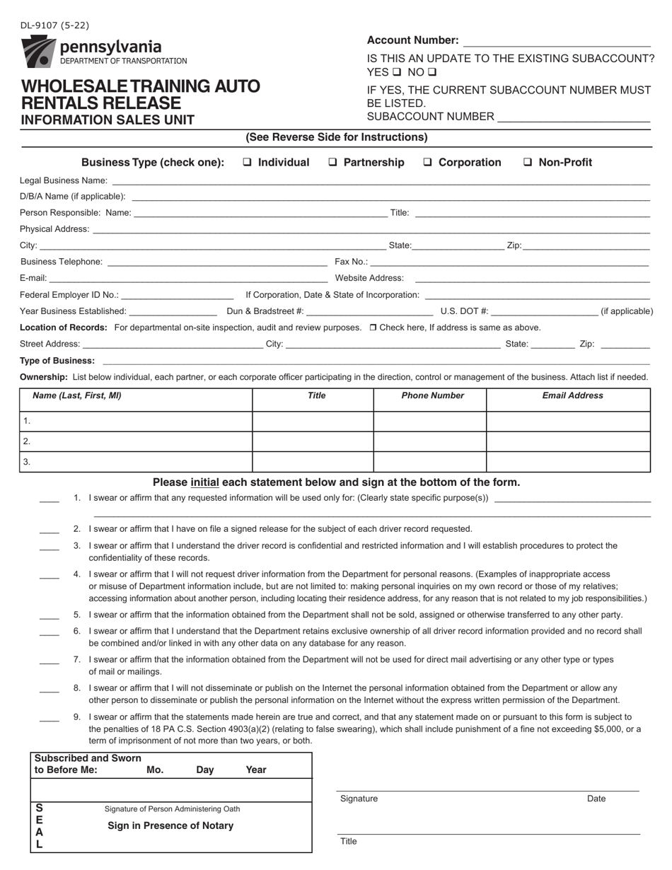 Form DL-9107 Wholesale Training Auto Rentals Release - Pennsylvania, Page 1