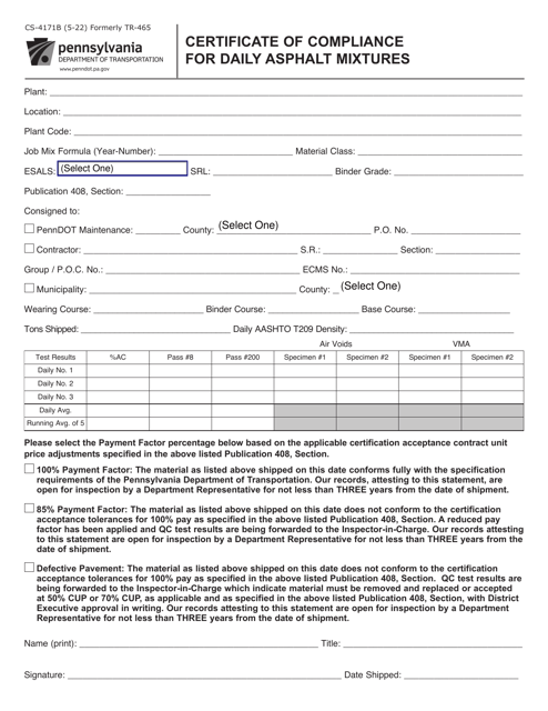Form CS-4171B Certificate of Compliance for Daily Asphalt Mixtures - Pennsylvania