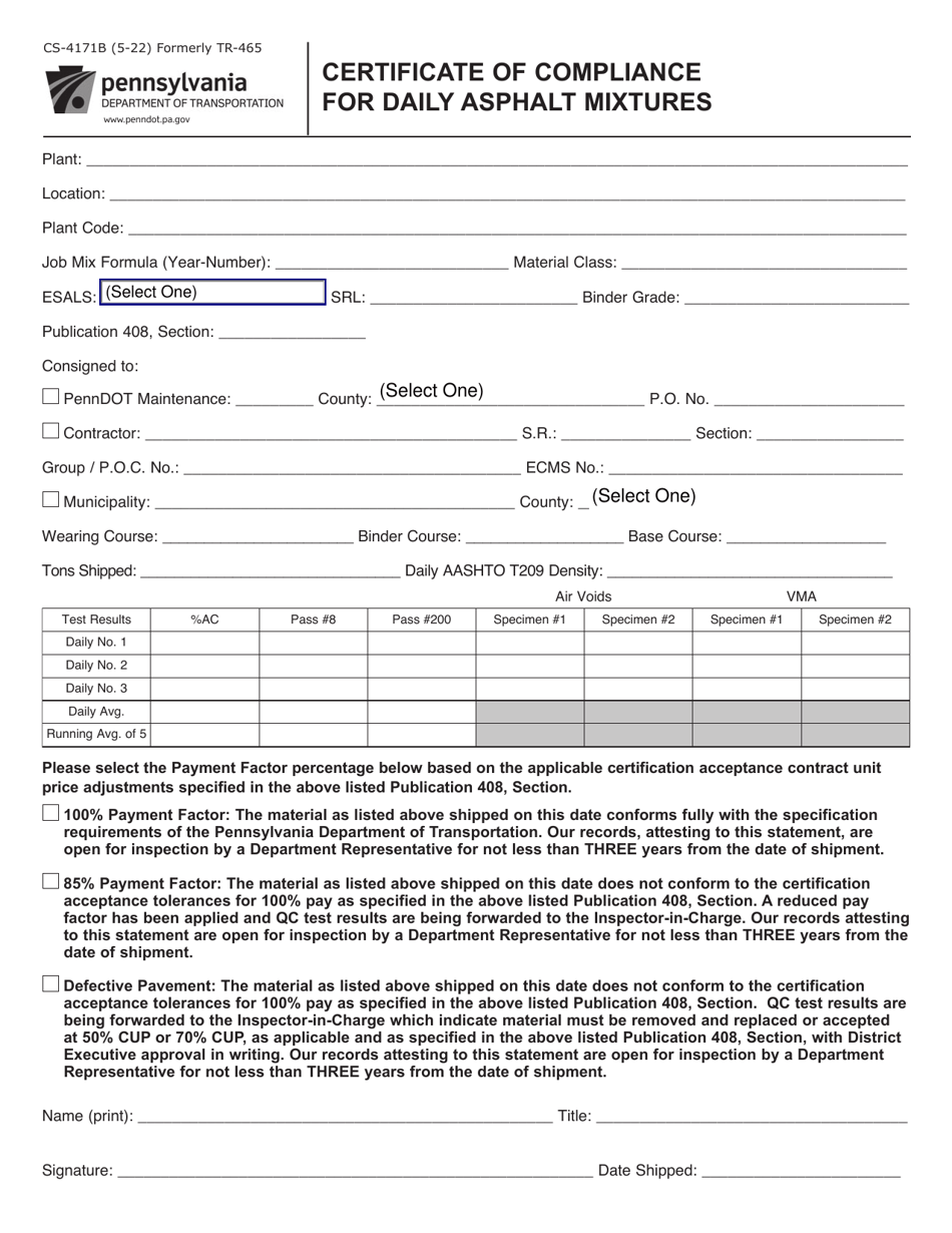 Form CS-4171B Certificate of Compliance for Daily Asphalt Mixtures - Pennsylvania, Page 1