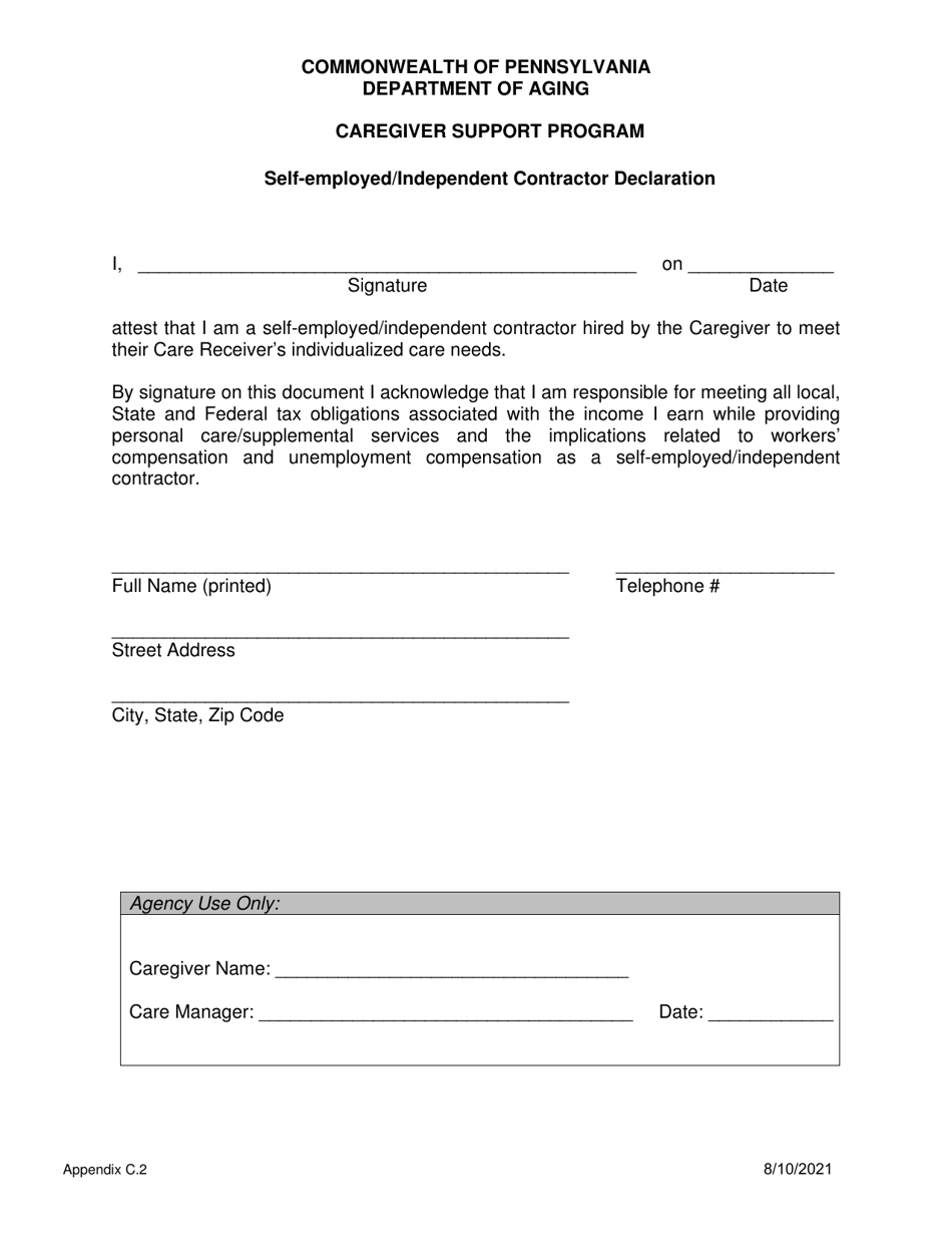 Appendix C.2 Self-employed / Independent Contractor Declaration - Caregiver Support Program - Pennsylvania, Page 1