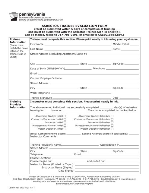 Form LIBI-606 Asbestos Trainee Evaluation Form - Pennsylvania