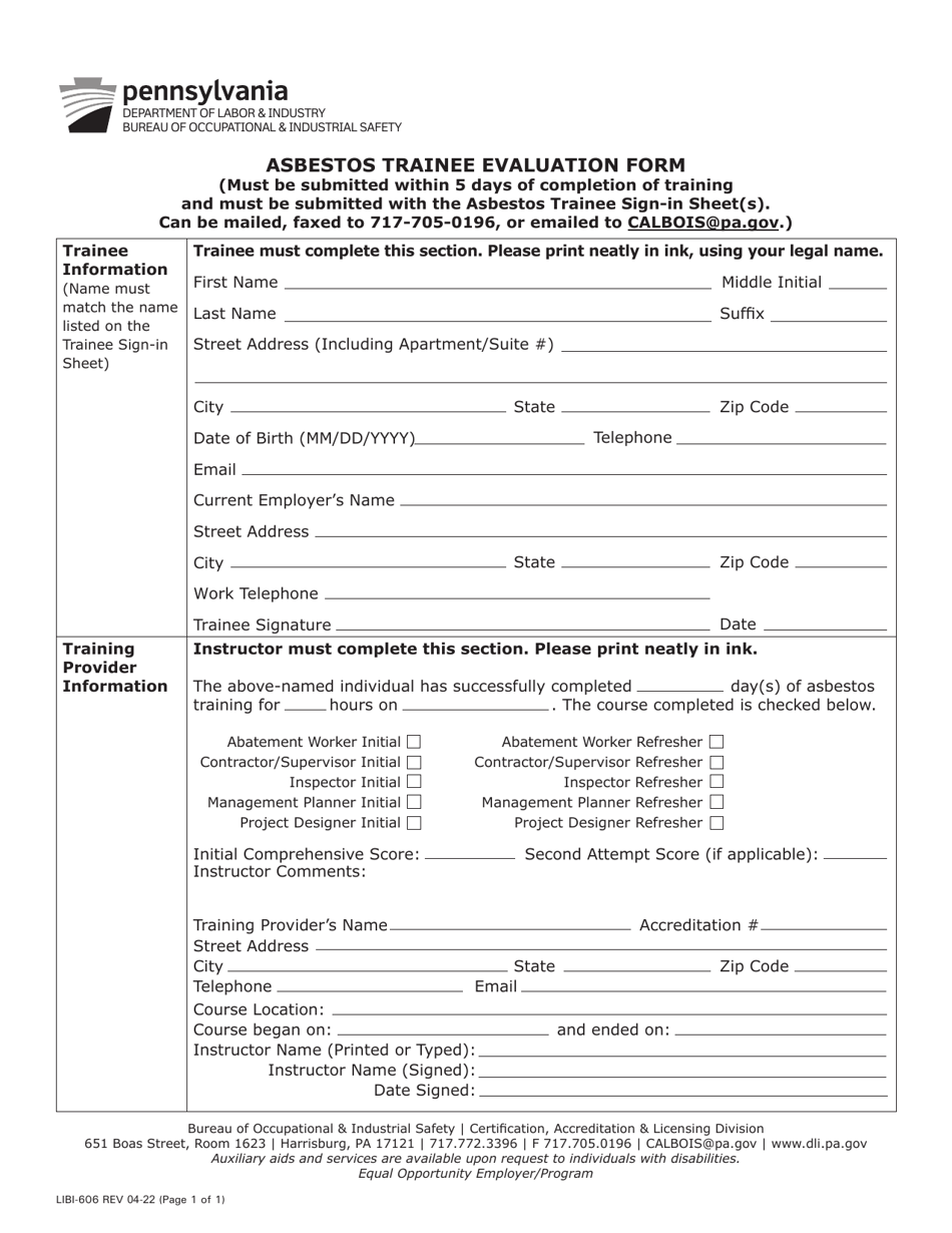 Form LIBI-606 Asbestos Trainee Evaluation Form - Pennsylvania, Page 1