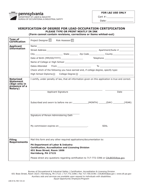Form LIBI-614L Verification of Degree for Lead Occupation Certification - Pennsylvania