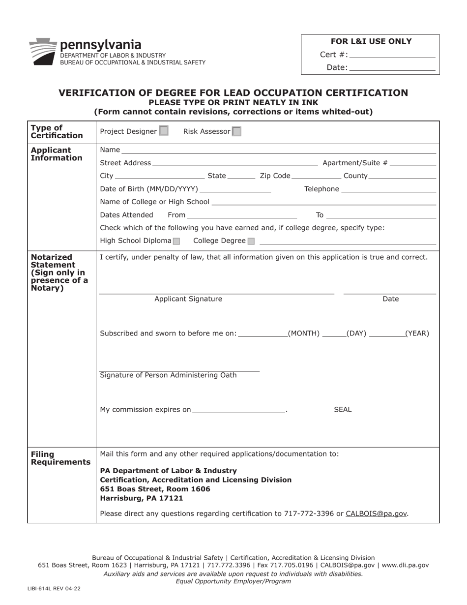 Form LIBI-614L Verification of Degree for Lead Occupation Certification - Pennsylvania, Page 1