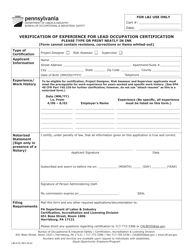 Document preview: Form LIBI-615L Verification of Experience for Lead Occupation Certification - Pennsylvania
