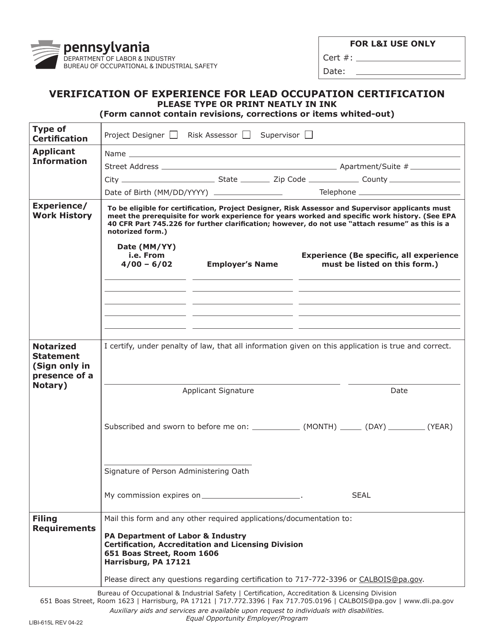 Form LIBI-615L Verification of Experience for Lead Occupation Certification - Pennsylvania